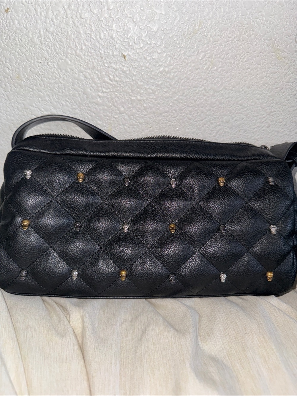 Betsey Johnson Black Quilted Crossbody with Mixed Metal Skull Studs